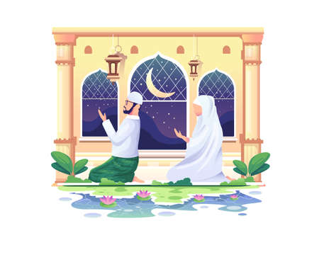 Praying Muslim couple at a mosque in Ramadan Kareem, happy eid Mubarak vector Illustrationのイラスト素材