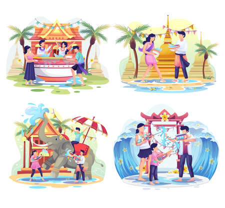 Set bundle of Ramadhan concept illustration. Happy Muslim people celebrate Holy Month Ramadhan, Eid Mubarak greeting. vector illustrationのイラスト素材
