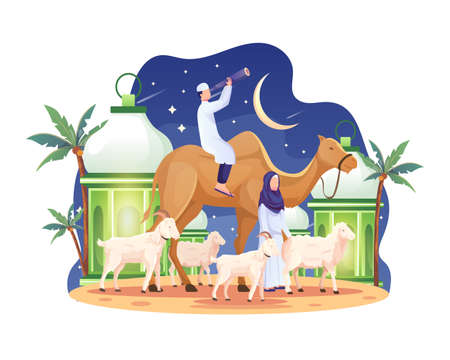 The couple brought a camel and some goats and sheep on the eve of Eid Al Adha Mubarak. Flat vector illustrationのイラスト素材
