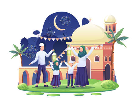 Happy Family celebrating Islamic new year on the 1st of Muharram. Flat vector illustrationのイラスト素材