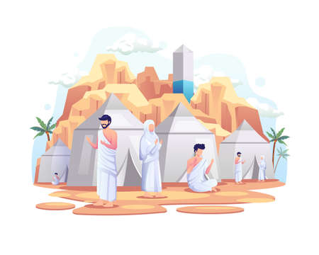 Muslims resting in tents on Islamic hajj pilgrimage. Flat vector illustrationのイラスト素材