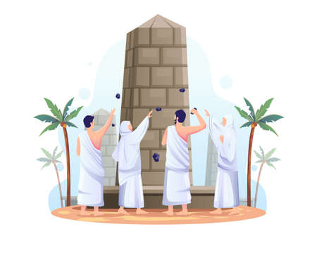 Muslims are throwing stones at the devil pillar in Islamic hajj pilgrimage. Flat vector illustrationのイラスト素材
