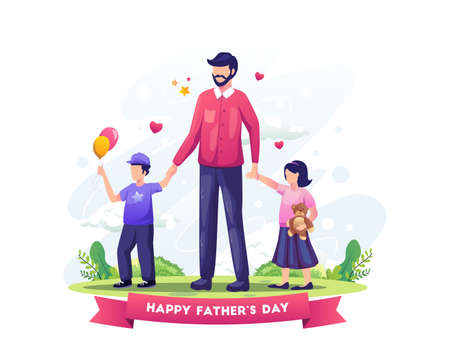 Dad celebrates father's day by taking his kids for a walk. Flat vector illustrationのイラスト素材