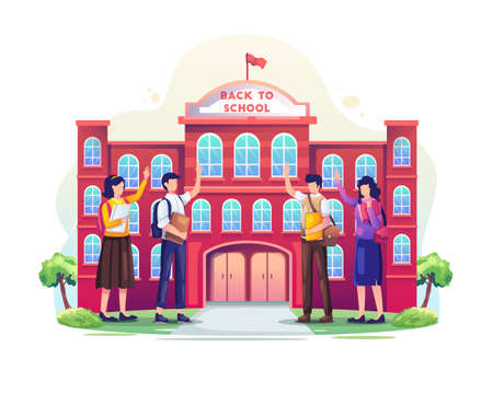 Back to school concept design. Happy children will go to school by school bus. Flat vector illustrationのイラスト素材