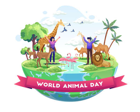 Cute Animals are happy to welcome World Animal Day. Happy Celebrate Wildlife Day. Vector Illustrationのイラスト素材