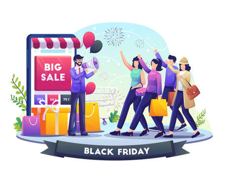 Businessman hold megaphone refers people to shop on Black Friday Big Sale Holiday Shopping. vector illustrationのイラスト素材