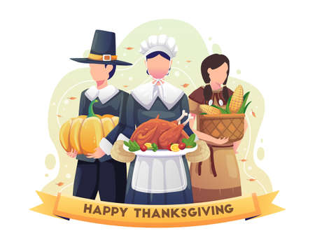 Two pilgrims and an Indian girl celebrate thanksgiving holding food. vector illustrationのイラスト素材