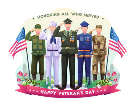 Army veterans of various forces are celebrating, saluting, and honoring Veterans Day. vector illustrationのイラスト素材