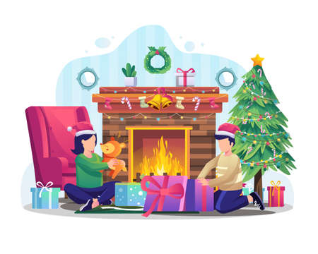 Two children are unwrapping Christmas holiday presents in front of the fireplace. vector illustrationのイラスト素材