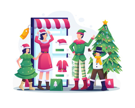 The Family is shopping online via smartphone and trying on Christmas outfits to celebrate Christmas and new year. vector illustrationのイラスト素材