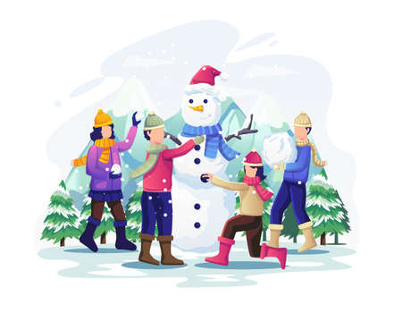 Children playing in the snow and making a snowman on the Christmas holiday. vector illustrationのイラスト素材