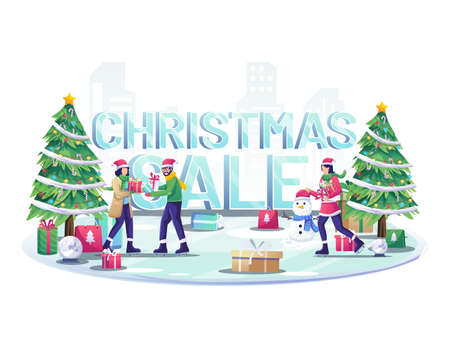 people ice skiing and giving gifts to each other near big words Christmas sale sign. vector illustrationのイラスト素材