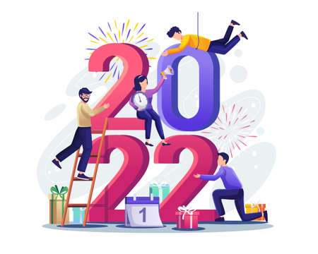 People celebrate New year by together putting the numbers 2022 on top of each other. Vector...
