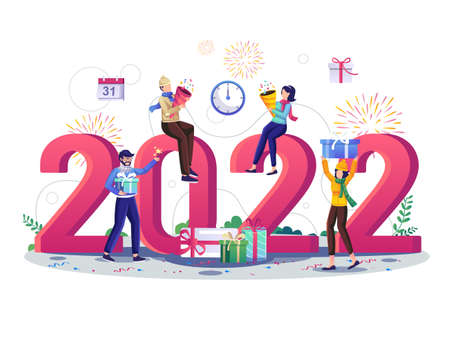 Happy People Celebrate New Year 2022. Characters with giant numbers, gift boxes, and fireworks....