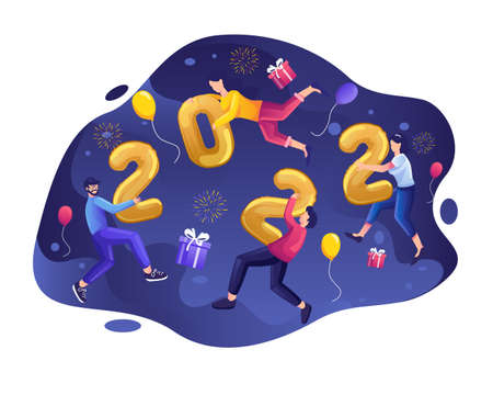 Celebrate New Year's eve 2022. People are floating holding each number. People with Balloons, gift boxes, and fireworks. Vector Illustrationのイラスト素材