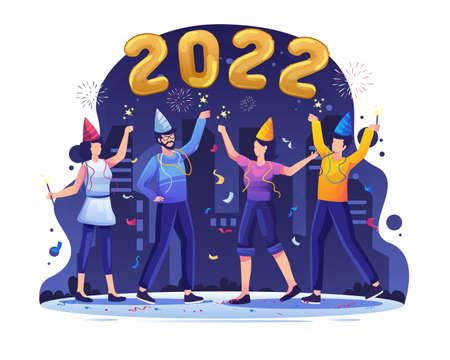 Happy People Celebrate New Year 2022. Young Men and Women doing a Fun Party with Balloon Numbers and Fireworks. Vector Illustrationのイラスト素材