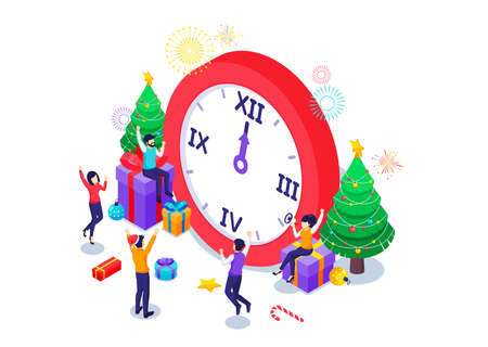 Happy People Celebrate New Year near a big clock with Christmas trees, Fireworks, and gift boxes. Isometric Vector Illustrationのイラスト素材