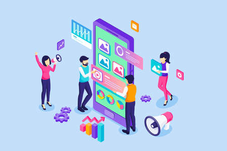 Digital Marketing concept. People work near a giant smartphone and content text place. Content marketing, Optimization, Promotion, Working process, and Teamwork. Isometric Vector Illustrationのイラスト素材
