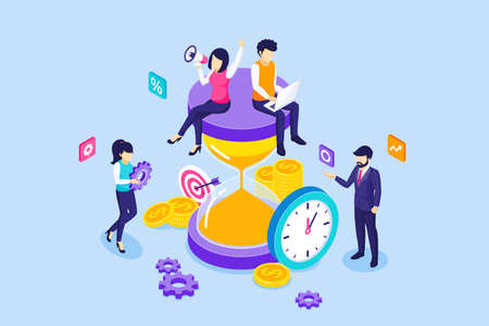 Business people characters are working near a giant hourglass. Effective business work scheduling and Time Planning. Time Management concept. isometric vector illustrationのイラスト素材