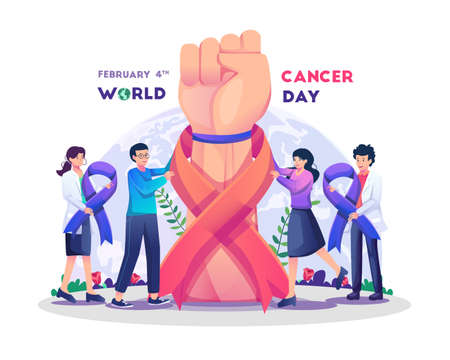 People and doctors are united against cancer with a giant raised hand with a clenched fist and red ribbon on wrist symbol of world cancer awareness on flat style vector illustrationのイラスト素材
