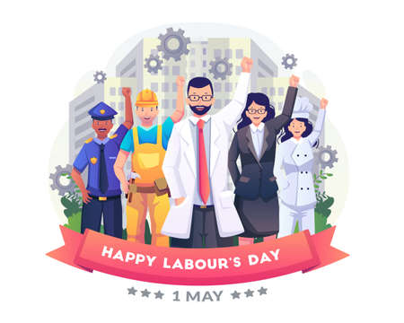 Laborers in different professions are celebrate Labor Day by raising their hands illustrationのイラスト素材