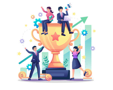 Happy Business People celebrating success with a big golden trophy. Business Team Success concept. Getting a reward or prize for goal and achievement. Flat style vector illustrationのイラスト素材