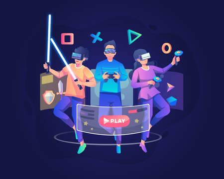 Young male and female characters wearing VR headsets floating are playing virtual reality games....