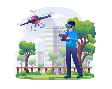 A young man wearing VR glasses flying a drone outdoors. The male character is controlling a quadcopter via VR headset technology. Flat style vector illustrationのイラスト素材