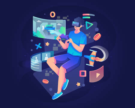 A young male character wearing a VR headset and holding a gamepad floating is playing a video game. Virtual augmented reality technology concept. Flat vector illustrationのイラスト素材