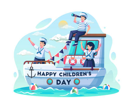 Children in sailors costumes sailing the sea using a sailboat. Happy Children's day celebration. Flat style vector illustrationのイラスト素材
