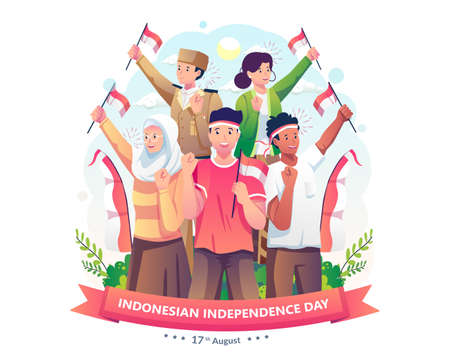 People celebrate Indonesia's independence day by each raising the red and white Indonesian flag. Indonesia independence day on August 17th. Vector illustration in flat styleのイラスト素材