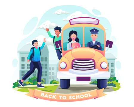 Students go to school by school bus and greet each other. Back to school concept design. Vector...