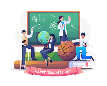 Teachers of various subjects are celebrating teacher's day. Vector illustration in flat styleのイラスト素材