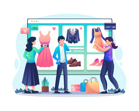 Online shopping concept with People buying things in a web online store. men and women choosing clothes in an online shop. E-Commerce and Shopping Online. Vector illustration in flat styleのイラスト素材