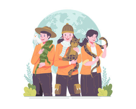 World Animal Day Illustration. People With Their Pets Celebrating World Animal Day. Animals on The Planet, Wildlife Day with the Animalsのイラスト素材