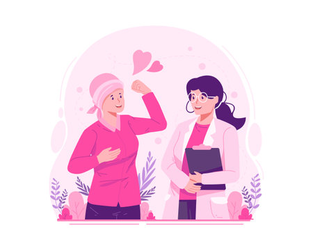 Breast Cancer Awareness Month. A Female Doctor Supporting a Woman Patient Fighting Breast Cancerのイラスト素材