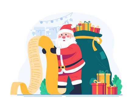 Santa Claus Reading a Long Wish List Paper With a Sack Full of Gifts. Merry Christmas Concept Illustrationのイラスト素材
