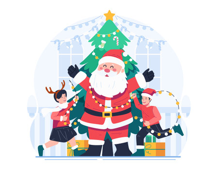 Merry Christmas Concept Illustration Featuring Two Joyful Children and Santa Claus With a Christmas Treeのイラスト素材
