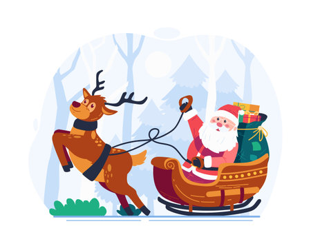 Santa Claus Riding a Sleigh Pulled by a Reindeer, Carrying a Sack Full of Gifts. Merry Christmas Concept Illustrationのイラスト素材
