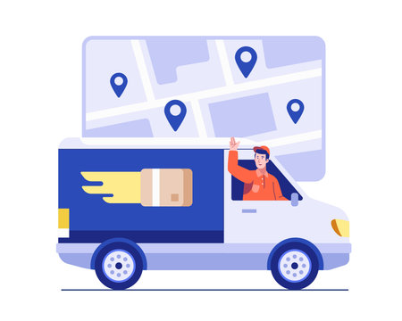 A friendly delivery driver waves from a van while navigating a digital map interface with location pins. Illustration concept of express logistics, courier tracking, and package delivery serviceのイラスト素材