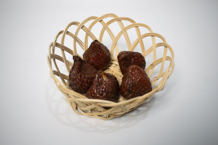 A woven basket containing kelubi fruit is placed on a white background.の写真素材