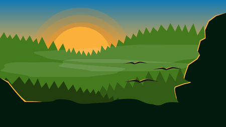 sunrise over the green forest with flying birds vector backgroundのイラスト素材