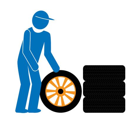 car mechanic changing tires simple vector icon isolated on white backgroundのイラスト素材