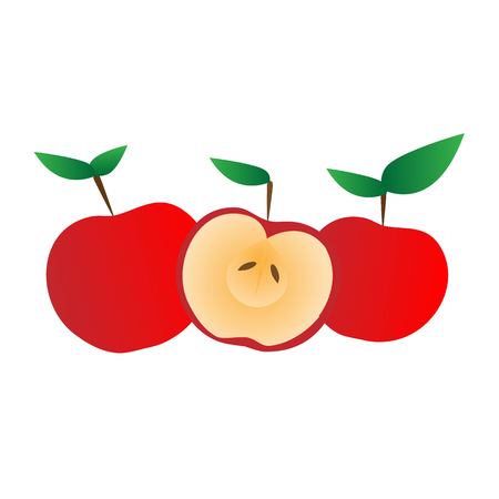 set of three red cartoon colorful apples with leaves vector icon isolated on white backgroundのイラスト素材