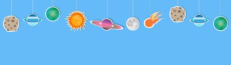 hanging cartoon paper planets decoration on light blue background vector illustration for childrenのイラスト素材