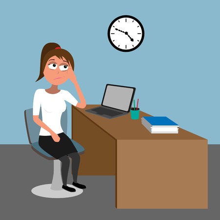 boredom in the office - young lady waiting for five funny flat vector illustrationのイラスト素材