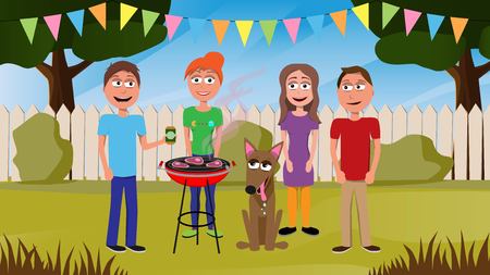 funny vector illustration of friends standing on garden decorated with flags, smiling and having a barbecue party with thier dogのイラスト素材