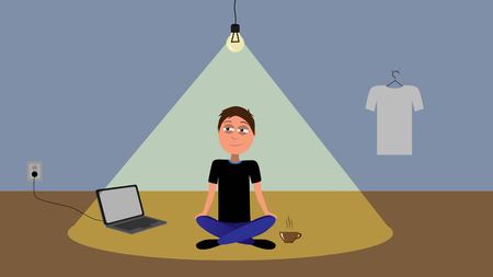 funny cartoon illustration of male sitting on the foor in empty room only with notebook, caffee, t-shirt and lighting bulb vector represents minimalist conceptのイラスト素材