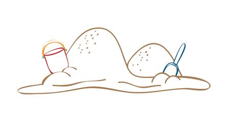 mound of sand with paddle and bucket vector outline illustration isolated on white backgroundのイラスト素材