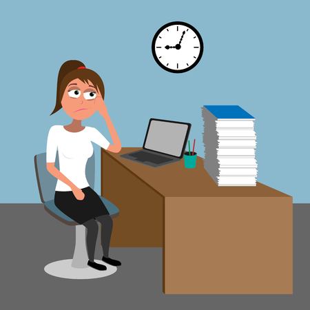 too much work in the office - young lady overloaded by papers funny flat vector illustrationのイラスト素材